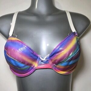 Womens 36C‎ Rainbow Satin Underwire Bra Y2K Retro Multicolor Wet Look Hong Kong